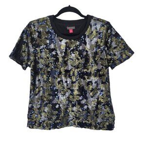 Vince Camuto womens medium sequined camo short sleeve crew neck shiny top